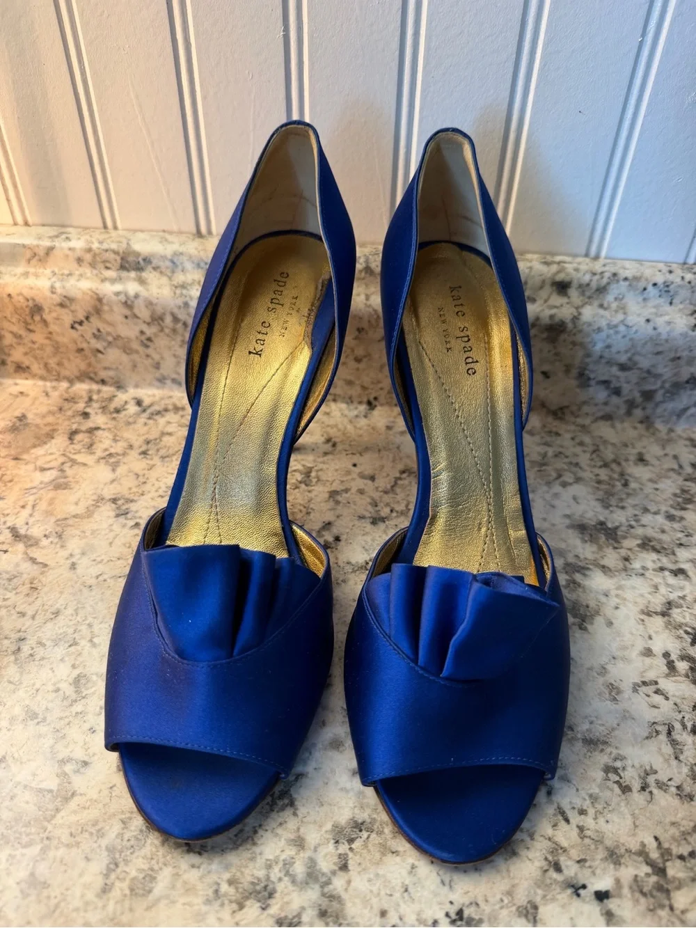 kate spade cobalt blue satin peep-toe heels with ruffle wedding royal prom event